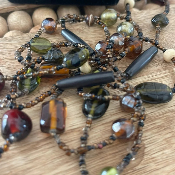 Beaded long necklace glass brown green tan  boho casual - Picture 7 of 10